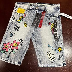 Reason Mens Blue Slim Fit Flat Front 5 Pockets Design Denim Jean Short Size 38